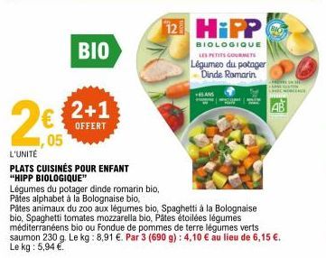 €2+1  OFFERT  ,05  L'UNITÉ  PLATS CUISINÉS POUR ENFANT  "HIPP BIOLOGIQUE"  BIO  Légumes du potager dinde romarin bio.  Pâtes alphabet à la Bolognaise bio,  Pâtes animaux du zoo aux légumes bio, Spaghe