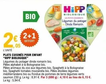 €2+1  offert  ,05  l'unité  plats cuisinés pour enfant  "hipp biologique"  bio  légumes du potager dinde romarin bio.  pâtes alphabet à la bolognaise bio,  pâtes animaux du zoo aux légumes bio, spaghe