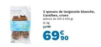 2 queues de langouste blanche, caraïbes, crues (pièces de 250 à 400 g)  le kg 85500  69% 