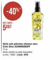 soit l'unité:  5€67  -40%"  gliss  huile soin précieux cheveux secs elixir gliss schwarzkopf 75 ml autres variétés ou poids disponibles le litre: 75€60-l'unité: 9645 