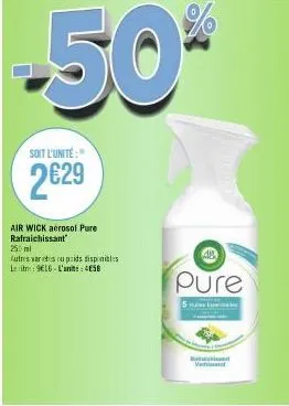soit l'unité  2€29  air wick aerosol pure rafraichissant 250 ml  autres variis cupids disponibles leit:: 9e16 l'unité: 4858  €9  pure  detali 