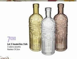 7690  Lot 3 bouteilles Folk 3 coloris assortis Hauteur 24,5cm  LA 