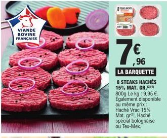 VÍANDE BOVINE FRANÇAISE  got  € ,96  LA BARQUETTE  8 STEAKS HACHÉS 15% MAT. GR.) 800g Le kg: 9,95 €. Egalement disponible au même prix: Haché Vrac 15% Mat. gr), Haché spécial bolognaise ou Tex-Mex.  