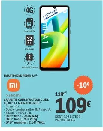 4g  וח  double sim  32  go  stockage  2  go mémoire interne  smartphone redmi a1¹)  6.52(pouces)  mi a1  xiaomi  garantie constructeur 2 ans pièces et main-d'oeuvre.)  - écran hd+,  double caméra arri