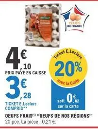 ,10  prix payé en caisse  ,28  ticket e.leclerc compris**  ticket  ceufs  de france  et e.leclerc  20%  avec la carte  soit 0€  sur la carte oeufs frais "oeufs de nos régions" 20 pce. la pièce: 0,21 €