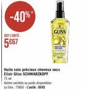 SOIT L'UNITÉ:  5€67  -40%"  GLISS  Huile soin précieux cheveux secs Elixir Gliss SCHWARZKOPF 75 ml Autres variétés ou poids disponibles Le litre: 75€60-L'unité: 9645 