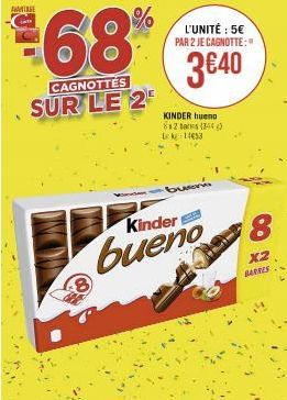 AGE  68  CAGNOTTES  SUR LE 2  Kinder  bueno  KINDER bueno 82 Lek 14653  L'UNITÉ : 5€ PAR 2 JE CAGNOTTE:"  3€40  (344)  92  8  x2  BARRIS 