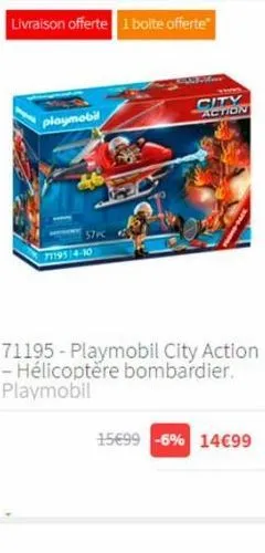 livraison offerte 1 boite offerte*  playmobil  57 pc  71195/4-10  city action  71195-playmobil city action - hélicoptère bombardier. playmobil  15699 -6% 14€99 