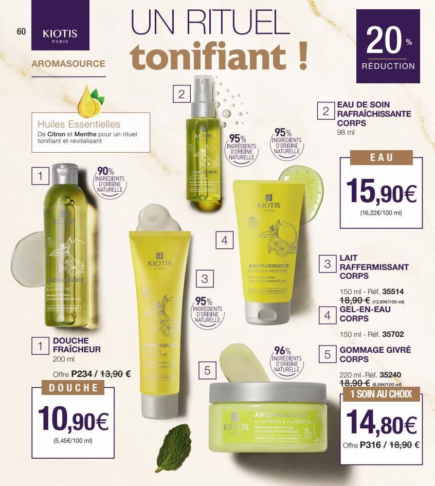 60  KIOTIS  PARIS  AROMASOURCE  Huiles Essentielles  De Citron et Menthe pour un rituel tonifiant et revitalisant  1  KICHIS  ONAS BURCE CITRON  MENTHE  Deach  ou  42X HULLE SENTIDES  KONINULLMANY  ,9