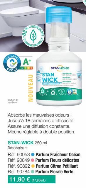 AIR CAREE  SCORE  Parfum de synthèse  88+ D'OR  A+  NOUVEAU  GREDIENTS  NATURELLE  STAN WICK  STANHOME  STAN-WICK 250 ml Désodorisant  OC  NORD  ANT  DESODO  C  Absorbe les mauvaises odeurs ! Jusqu'à 