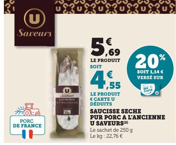 SAUCISSE SECHE PUR PORC A L'ANCIENNE U SAVEURS