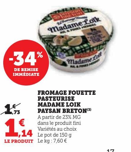 FROMAGE FOUETTE  PASTEURISE  MADAME LOIK  PAYSAN BRETON