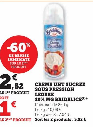 CREME UHT SUCREE  SOUS PRESSION  LEGERE  20% MG BRIDELICE