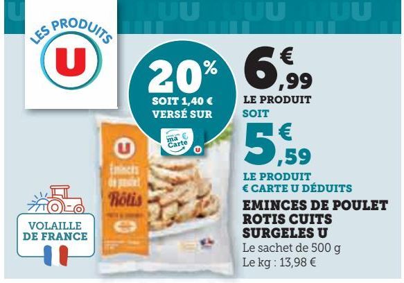 EMINCES DE POULET  ROTIS CUITS  SURGELES U