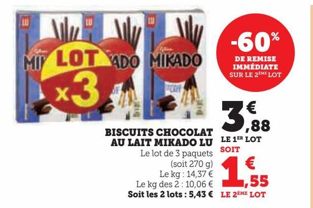 BISCUITS CHOCOLAT  AU LAIT MIKADO LU