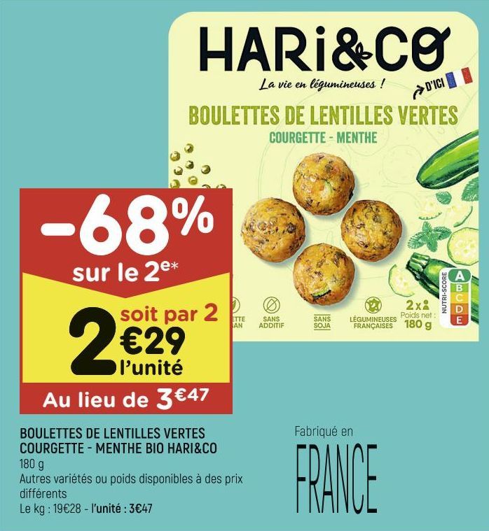 BOULETTES DE LENTILLES VERTES COURGETTE - MENTHE BIO HARI&CO 