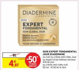 -9%  4,87  NOUVEAU  L'UNITÉ  DIADERMINE  -50  DE REMISE IMMEDIATE  LABORATOIRES  EXPERT FONDAMENTAL  SOIN GLOBAL JOUR  gere. Revitalis  Ret Nourrit  Avec une enzyme réparatrice d'ADN PEAUX MATURES ET 