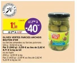 le 2 à:0,78  olives vertes farcies anchois bouton d'or  ou farcies amandes ou farcies poivrons  120 g 10,92 € le kg  par 2 (240 g): 2,09 € au lieu de 2,62 € 8,71 € le kg au lot  ou au lupin  200 g 6,5