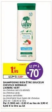 l'arbre vert dne  d  shampooing che  glas a  l'unite  1,95  le 2 à: 0,58€  ou cheveux gras  ou peaux sensibles  k  le 2eme à  -70  shampooing bien être douceur cheveux normaux  l'arbre vert  ou cheveu