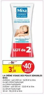 mixa expert peal sensible  la creme visage des peaux sensibles  3,31  hande d  lot de 2  le lot de 2  la crème visage des peaux sensibles mixa  -40  de remise immediate  2x100ml soit 200 ml -16,55 € l