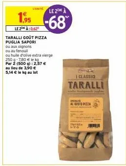 taralli goût pizza puglia sapori  l'unite le 2eme à  1,95 -68  le 2 à:0,62  ou aux oignons  ou au fenouil  ou huile d'olive extra vierge 250 g 7,80 € le kg par 2 (500 g): 2,57 € au lieu de 3,90 €  5,1