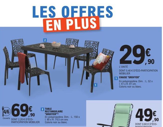 4669%  ,90  Couverts DONT 2,20 € D'ÉCO-PARTICIPATION MOBILIER  LES OFFRES EN PLUS  2 TABLE RECTANGULAIRE "GRUVYER"  En polypropylene. Dim.: L. 150 x 1.90 x H. 74,5 cm env. Coloris noir ou blanc.  A  2