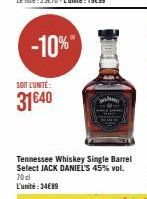 -10%  SOIT L'UNITÉ:  31€40  Tennessee Whiskey Single Barrel Select JACK DANIEL'S 45% vol. 70cl L'unité:34€89 
