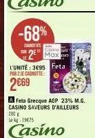 -68%  carnoties  sur  l'unité: 3695 par 2 je cagnotte:  2€69  casino  2¹ max feta  a feta grecque aop 23% m.g. casino saveurs d'ailleurs 200g  le kg 19€75  casino 