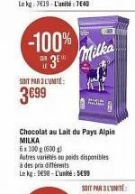 soit par 3 l'unité:  3€99  -100% 3 milka  sur  chocolat au lait du pays alpin milka  migl  6 x 100 g (600 g)  autres variétés au poids disponibles  à des prix différents  le kg: 9698- l'unité: 5699 