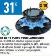 lot de 10 plots pour lambourde dim h 50/80 mm hauteur réglable du plet: de 25 à 60 mm. hauteur réglable de plet-rehausse de 60 à 85 mm. permet le passage de cables se dalles. matérias recyclable: poly