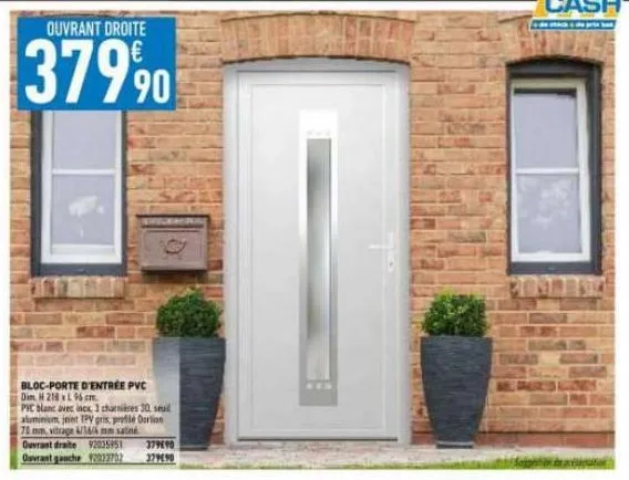 bloc-porte d'entrée pvc dim h 218 l 96 cm.  pic blanc avec inck, 1 charnières 30. seul aluminium, joint tpv gris, pre 75 mm. vitrage 4/36 mm satiné ouvrant draite 92035951 ouvrant gauche 92023792  379