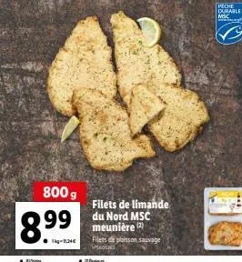 800 g  8.⁹9  99  -14  filets de limande du nord msc meunière (²) filets de poisson sauvage kom  peche durable msc 