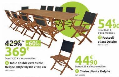 429% -60%  369€  Dont 3,20 € d'éco-mobilier.  Table double extensible Delphe 200/250/300 x 100 cm  Ref. 434851  54,⁹0  Dont 0,40 € d'éco-mobilier. Fauteuil pliant Delphe  RF434424  44⁹0  Dont 0,25 € d