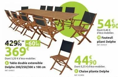 429% -60%  369€  dont 3,20 € d'éco-mobilier.  table double extensible delphe 200/250/300 x 100 cm  ref. 434851  54,⁹0  dont 0,40 € d'éco-mobilier. fauteuil pliant delphe  rf434424  44⁹0  dont 0,25 € d