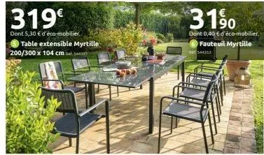 319€  dont 5,30 € d'éco-mobilier. table extensible myrtille 200/300 x 104 cm 44  3190  dant 0,40 € d'éco-mobilier. fauteuil myrtille 144353 