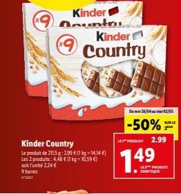 Kinder Country  Le produit de 211,5g: 299 € (1 kg - 14,14 €) Les 2 produits: 4,48 € (1 kg = 10,59 €) soit l'unité 2.24 €  9 banes  Kinder Aountri  Kinder  Country  Dum25/04 mar 02/05  -50%  LEPRODUIT 