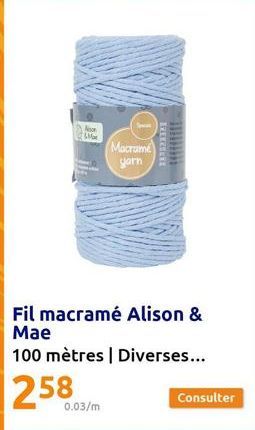 N  Me  Fil macramé Alison & Mae  100 mètres | Diverses...  258  0.03/m  (Macrame)  yarn  Consulter  