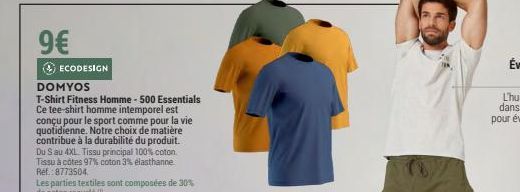 9€  DOMYOS  T-Shirt Fitness Homme - 500 Essentials Ce tee-shirt homme intemporel est conçu pour le sport comme pour la vie quotidienne. Notre choix de matière contribue à la durabilité du produit. Du 