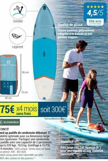 11'  solidité  légèreté  40 cm  ecodesign  96 cm  16 cm  75€ x4 mois soit 300€*  sans frais  "voir conditions en page 3  itiwit  stand up paddle de randonnée débutant 11' stabilité optimale avec sa di