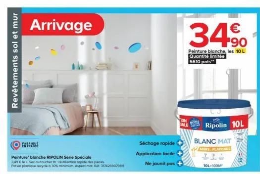 revêtements sol et mur  fabrique  en france  peinture blanche ripolin série spéciale  3,49 € le l sec au toucher heutisation rapide des pièces pot en plastique recycé à 30% minimum aspect mat. rat 317