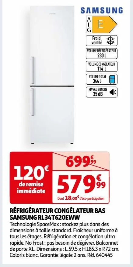 réfrigérateur congélateur bas samsung rl34t620eww