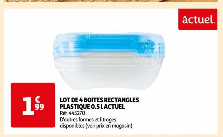 LOT DE 4 BOITES RECTANGLES PLASTIQUE 0.5 l ACTUEL