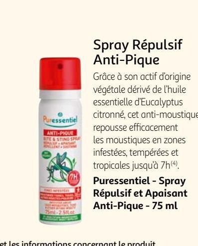 Spray Répulsif Anti-Pique Puressentiel - Spray Répulsif et Apaisant Anti-Pique - 75 ml