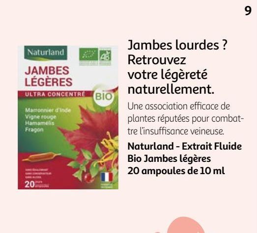 Jambes lourdes ? Retrouvez votre légèreté naturellement. Naturland - Extrait Fluide Bio Jambes légères 20 ampoules de 10 ml