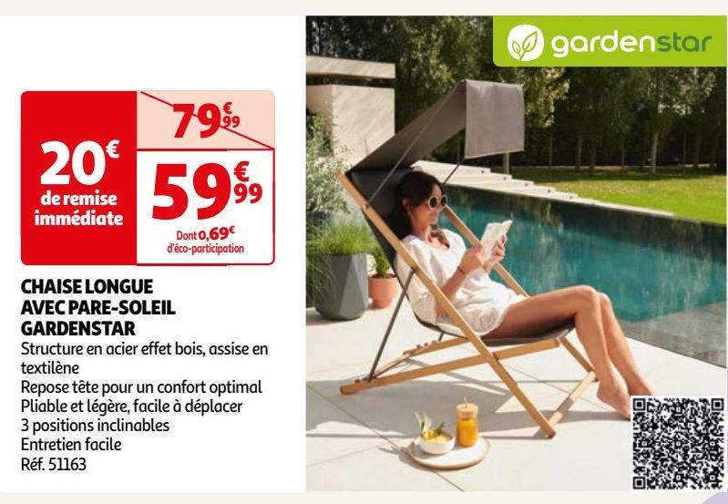 CHAISE LONGUE AVEC PARE-SOLEIL GARDENSTAR