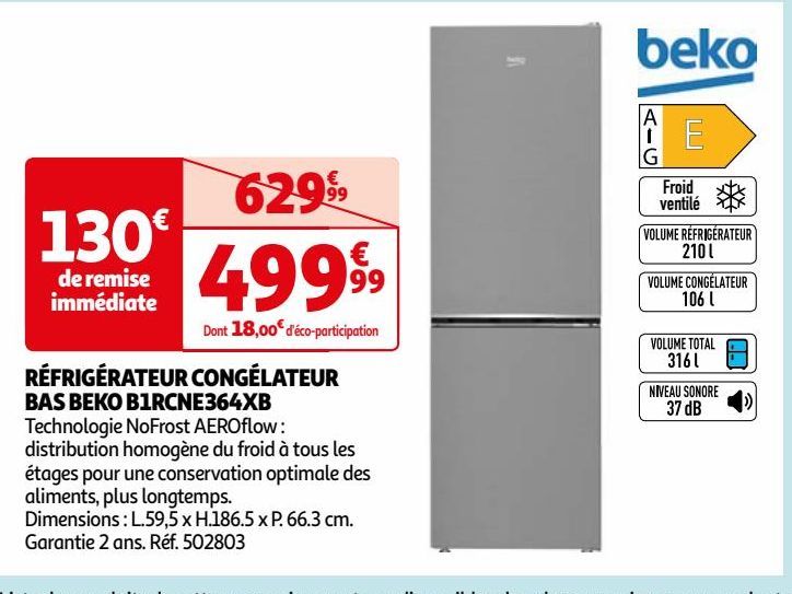 RÉFRIGÉRATEUR CONGÉLATEUR BAS BEKO B1RCNE364XB