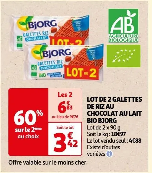 lot de 2 galettes de riz au chocolat au lait bio bjorg