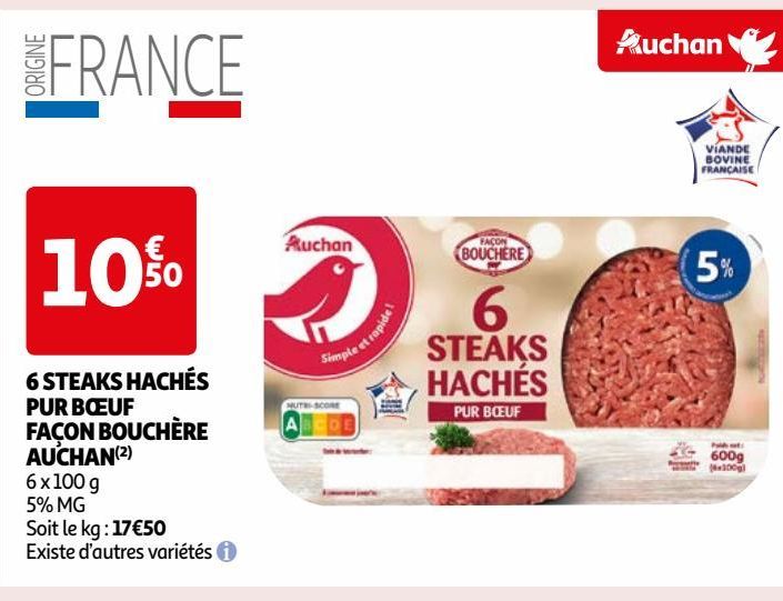 6 STEAKS HACHÉS PUR BŒUF FAÇON BOUCHÈRE AUCHAN