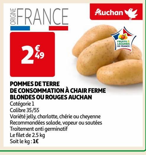 POMMES DE TERRE DE CONSOMMATION À CHAIR FERME BLONDES OU ROUGES AUCHAN 