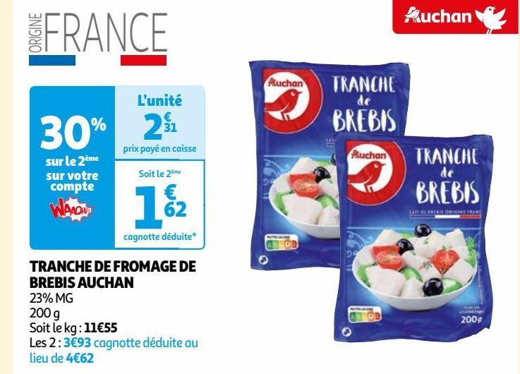 TRANCHE DE FROMAGE DE BREBIS AUCHAN 